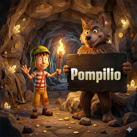 Cueva con monedas de oro y cristales brillantes. Niño de dibujos animados con sombrero verde y camisa a rayas con una antorcha encendida. Lobo grande sonriente con cartel de madera oscura mostrando el nombre Pompilio en blanco.