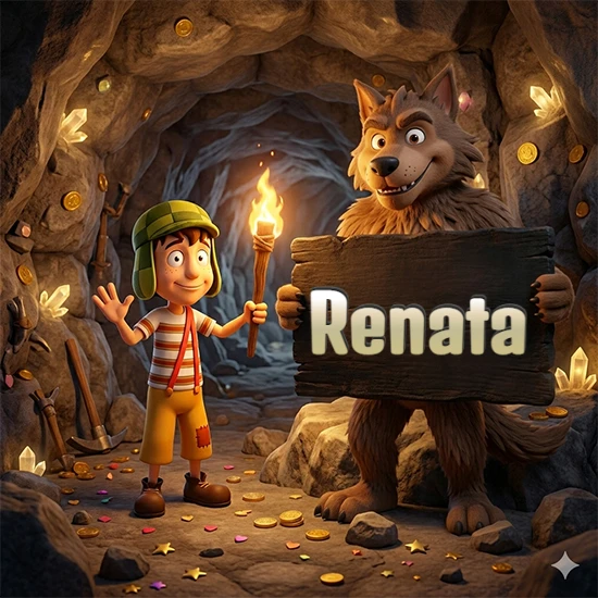 Cueva con monedas de oro y cristales brillantes. Niño de dibujos animados con sombrero verde y camisa a rayas con una antorcha encendida. Lobo grande sonriente con cartel de madera oscura mostrando el nombre Renata en blanco.