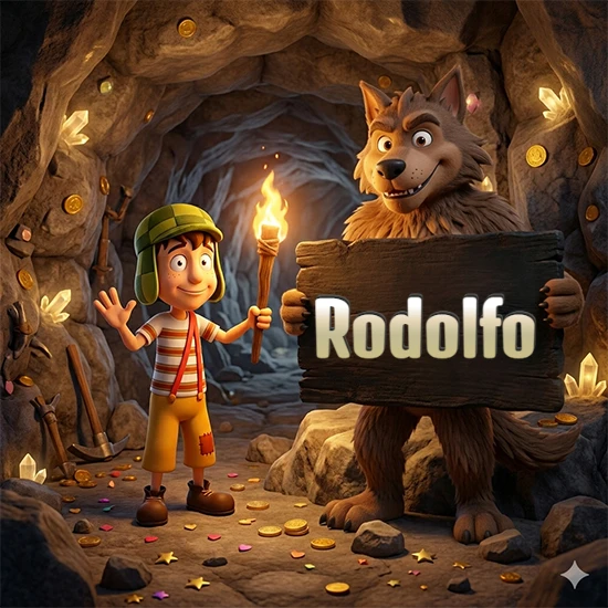 Cueva con monedas de oro y cristales brillantes. Niño de dibujos animados con sombrero verde y camisa a rayas con una antorcha encendida. Lobo grande sonriente con cartel de madera oscura mostrando el nombre Rodolfo en blanco. Cueva con monedas de oro y cristales brillantes. Niño de dibujos animados con sombrero verde y camisa a rayas con una antorcha encendida. Lobo grande sonriente con cartel de madera oscura mostrando el nombre Rodolfo en blanco.