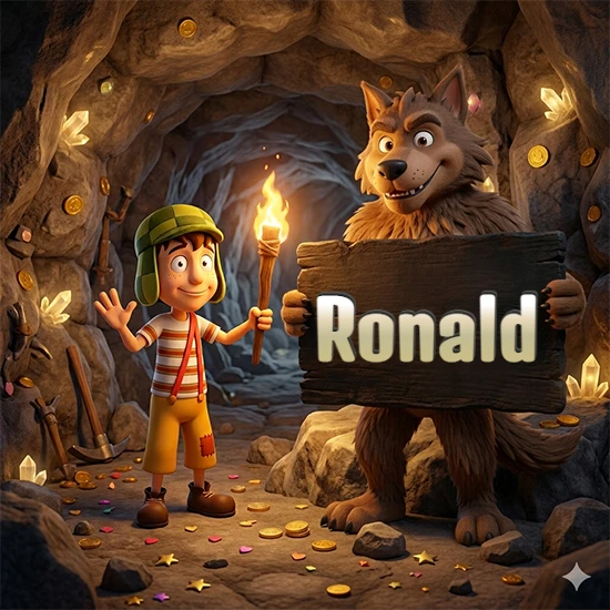 Cueva con monedas de oro y cristales brillantes. Niño de dibujos animados con sombrero verde y camisa a rayas con una antorcha encendida. Lobo grande sonriente con cartel de madera oscura mostrando el nombre Ronald en blanco.