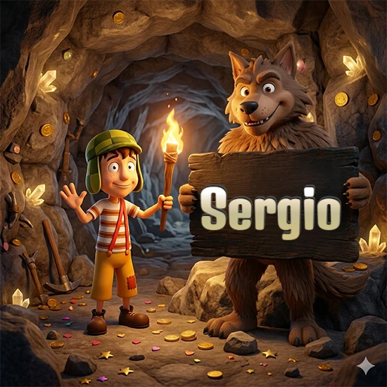 Cueva con monedas de oro y cristales brillantes. Niño de dibujos animados con sombrero verde y camisa a rayas con una antorcha encendida. Lobo grande sonriente con cartel de madera oscura mostrando el nombre Sergio en blanco.