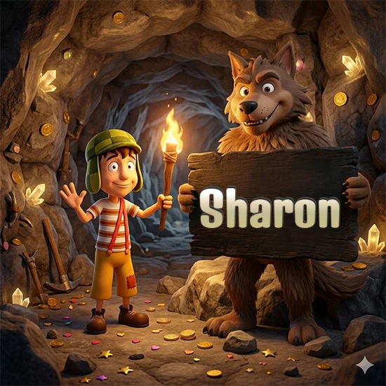 Cueva con monedas de oro y cristales brillantes. Niño de dibujos animados con sombrero verde y camisa a rayas con una antorcha encendida. Lobo grande sonriente con cartel de madera oscura mostrando el nombre Sharon en blanco.