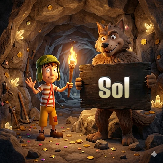 Cueva con monedas de oro y cristales brillantes. Niño de dibujos animados con sombrero verde y camisa a rayas con una antorcha encendida. Lobo grande sonriente con cartel de madera oscura mostrando el nombre Sol en blanco.