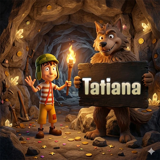 Cueva con monedas de oro y cristales brillantes. Niño de dibujos animados con sombrero verde y camisa a rayas con una antorcha encendida. Lobo grande sonriente con cartel de madera oscura mostrando el nombre Tatiana en blanco.