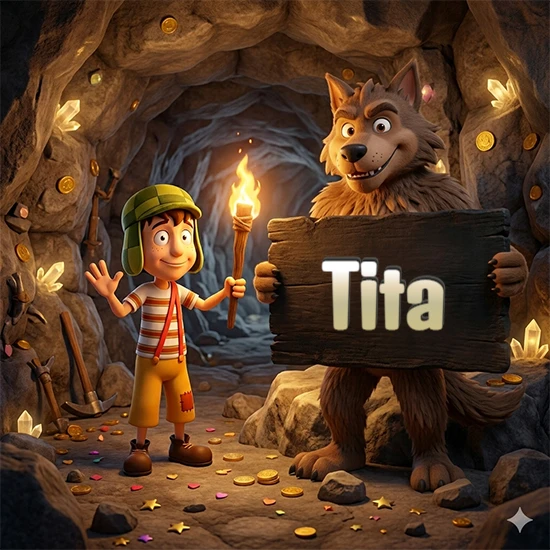 Cueva con monedas de oro y cristales brillantes. Niño de dibujos animados con sombrero verde y camisa a rayas con una antorcha encendida. Lobo grande sonriente con cartel de madera oscura mostrando el nombre Tita en blanco.