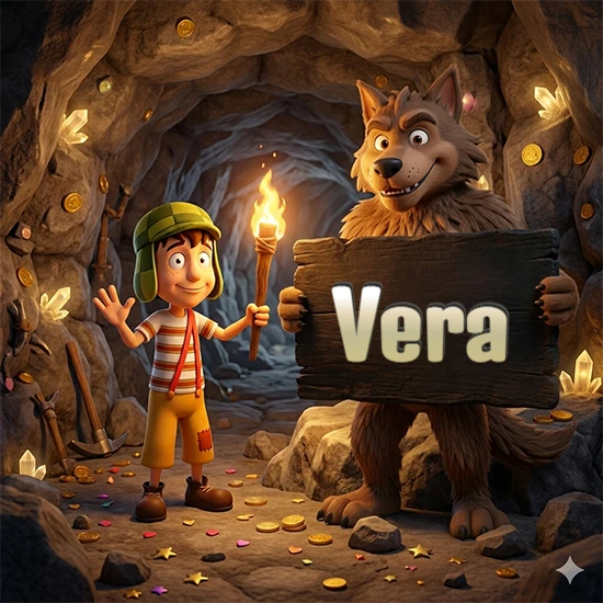Cueva con monedas de oro y cristales brillantes. Niño de dibujos animados con sombrero verde y camisa a rayas con una antorcha encendida. Lobo grande sonriente con cartel de madera oscura mostrando el nombre Vera en blanco.
