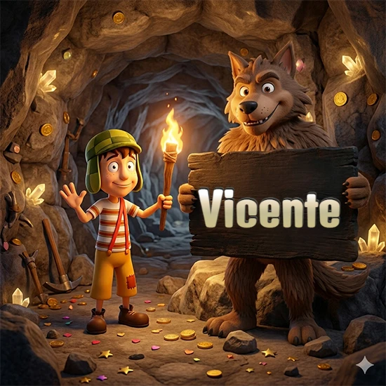 Cueva con monedas de oro y cristales brillantes. Niño de dibujos animados con sombrero verde y camisa a rayas con una antorcha encendida. Lobo grande sonriente con cartel de madera oscura mostrando el nombre Vicente en blanco.
