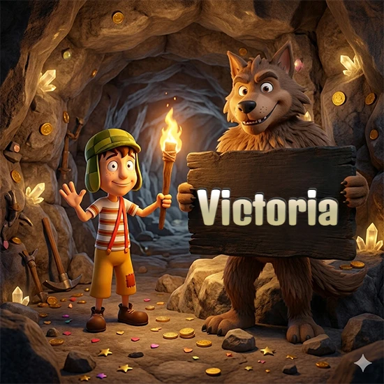 Cueva con monedas de oro y cristales brillantes. Niño de dibujos animados con sombrero verde y camisa a rayas con una antorcha encendida. Lobo grande sonriente con cartel de madera oscura mostrando el nombre Victoria en blanco.