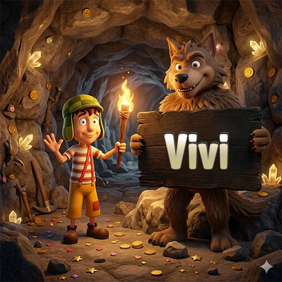 Cueva con monedas de oro y cristales brillantes. Niño de dibujos animados con sombrero verde y camisa a rayas con una antorcha encendida. Lobo grande sonriente con cartel de madera oscura mostrando el nombre Vivi en blanco.