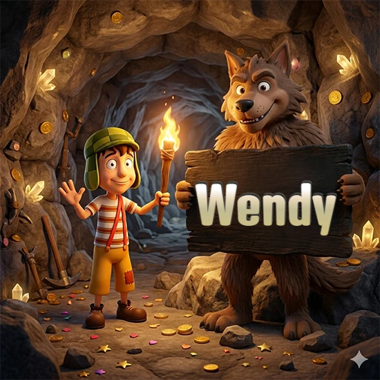 Cueva con monedas de oro y cristales brillantes. Niño de dibujos animados con sombrero verde y camisa a rayas con una antorcha encendida. Lobo grande sonriente con cartel de madera oscura mostrando el nombre Wendy en blanco.
