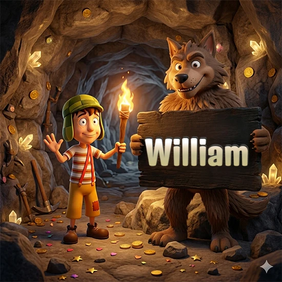 Cueva con monedas de oro y cristales brillantes. Niño de dibujos animados con sombrero verde y camisa a rayas con una antorcha encendida. Lobo grande sonriente con cartel de madera oscura mostrando el nombre William en blanco.
