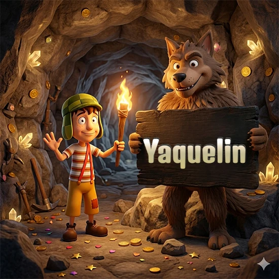 Cueva con monedas de oro y cristales brillantes. Niño de dibujos animados con sombrero verde y camisa a rayas con una antorcha encendida. Lobo grande sonriente con cartel de madera oscura mostrando el nombre Yaquelin en blanco. Cueva con monedas de oro y cristales brillantes. Niño de dibujos animados con sombrero verde y camisa a rayas con una antorcha encendida. Lobo grande sonriente con cartel de madera oscura mostrando el nombre Yaquelin en blanco.