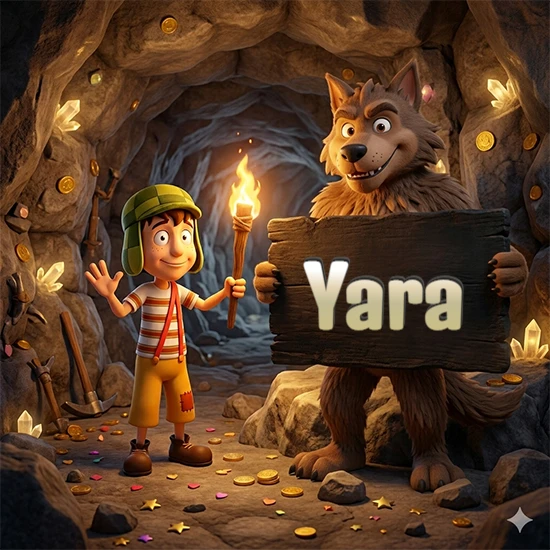Cueva con monedas de oro y cristales brillantes. Niño de dibujos animados con sombrero verde y camisa a rayas con una antorcha encendida. Lobo grande sonriente con cartel de madera oscura mostrando el nombre Yara en blanco.