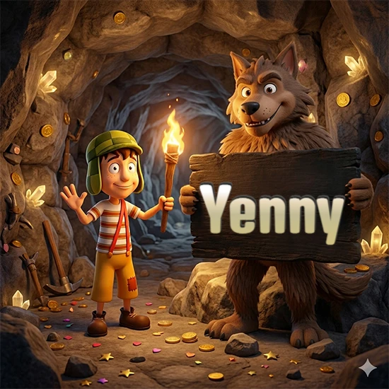 Cueva con monedas de oro y cristales brillantes. Niño de dibujos animados con sombrero verde y camisa a rayas con una antorcha encendida. Lobo grande sonriente con cartel de madera oscura mostrando el nombre Yenny en blanco.