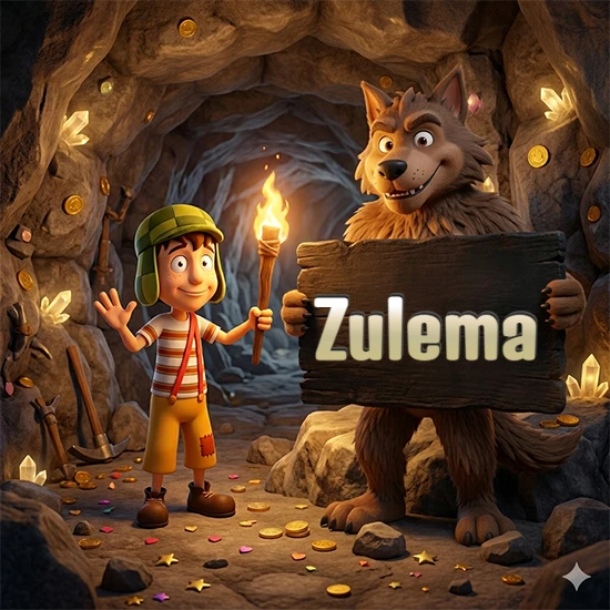 Cueva con monedas de oro y cristales brillantes. Niño de dibujos animados con sombrero verde y camisa a rayas con una antorcha encendida. Lobo grande sonriente con cartel de madera oscura mostrando el nombre Zulema en blanco.