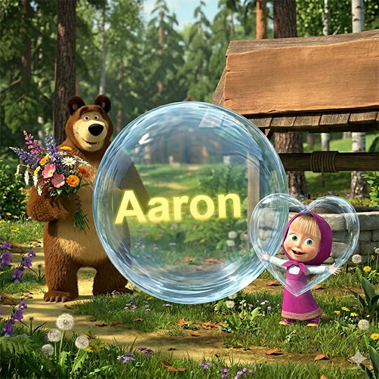 Bosque verde soleado. Gran oso de dibujos animados con corbata y flores coloridas, pozo de madera antiguo detrás. Bola de cristal transparente frente al pozo mostrando el nombre Aaron en texto amarillo suave.