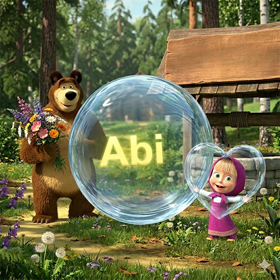 Bosque verde soleado. Gran oso de dibujos animados con corbata y flores coloridas, pozo de madera antiguo detrás. Bola de cristal transparente frente al pozo mostrando el nombre Abi en texto amarillo suave.