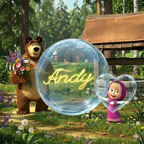 Bosque verde soleado. Gran oso de dibujos animados con corbata y flores coloridas, pozo de madera antiguo detrás. Bola de cristal transparente frente al pozo mostrando el nombre Andy en texto amarillo suave.