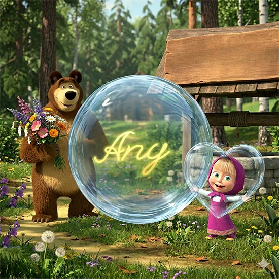 Bosque verde soleado. Gran oso de dibujos animados con corbata y flores coloridas, pozo de madera antiguo detrás. Bola de cristal transparente frente al pozo mostrando el nombre Any en texto amarillo suave.