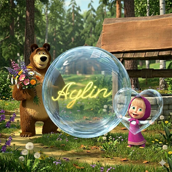 Bosque verde soleado. Gran oso de dibujos animados con corbata y flores coloridas, pozo de madera antiguo detrás. Bola de cristal transparente frente al pozo mostrando el nombre Aylin en texto amarillo suave.