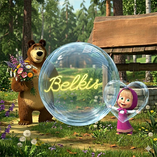 Bosque verde soleado. Gran oso de dibujos animados con corbata y flores coloridas, pozo de madera antiguo detrás. Bola de cristal transparente frente al pozo mostrando el nombre Belkis en texto amarillo suave.