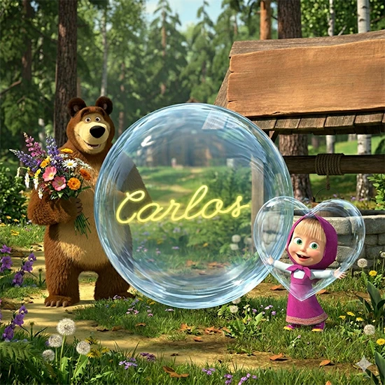 Bosque verde soleado. Gran oso de dibujos animados con corbata y flores coloridas, pozo de madera antiguo detrás. Bola de cristal transparente frente al pozo mostrando el nombre Carlos en texto amarillo suave.