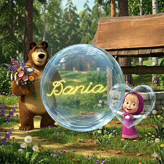 Bosque verde soleado. Gran oso de dibujos animados con corbata y flores coloridas, pozo de madera antiguo detrás. Bola de cristal transparente frente al pozo mostrando el nombre Dania en texto amarillo suave.