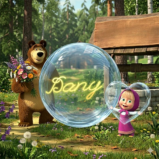 Bosque verde soleado. Gran oso de dibujos animados con corbata y flores coloridas, pozo de madera antiguo detrás. Bola de cristal transparente frente al pozo mostrando el nombre Dany en texto amarillo suave.