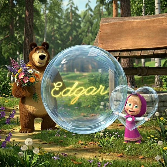 Bosque verde soleado. Gran oso de dibujos animados con corbata y flores coloridas, pozo de madera antiguo detrás. Bola de cristal transparente frente al pozo mostrando el nombre Edgar en texto amarillo suave.