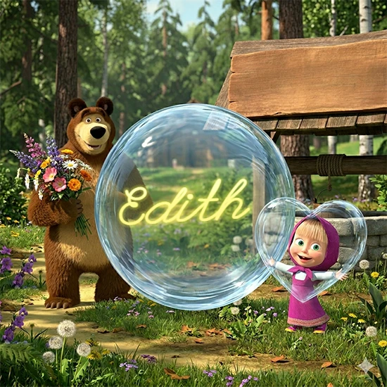 Bosque verde soleado. Gran oso de dibujos animados con corbata y flores coloridas, pozo de madera antiguo detrás. Bola de cristal transparente frente al pozo mostrando el nombre Edith en texto amarillo suave.