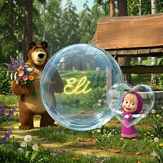 Bosque verde soleado. Gran oso de dibujos animados con corbata y flores coloridas, pozo de madera antiguo detrás. Bola de cristal transparente frente al pozo mostrando el nombre Eli en texto amarillo suave.