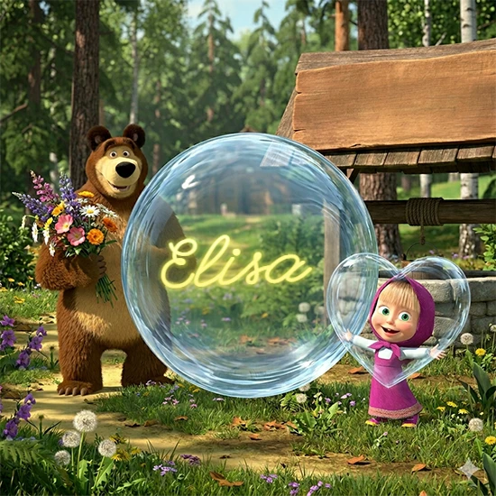 Bosque verde soleado. Gran oso de dibujos animados con corbata y flores coloridas, pozo de madera antiguo detrás. Bola de cristal transparente frente al pozo mostrando el nombre Elisa en texto amarillo suave.