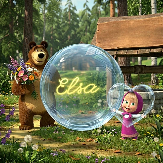 Bosque verde soleado. Gran oso de dibujos animados con corbata y flores coloridas, pozo de madera antiguo detrás. Bola de cristal transparente frente al pozo mostrando el nombre Elsa en texto amarillo suave.