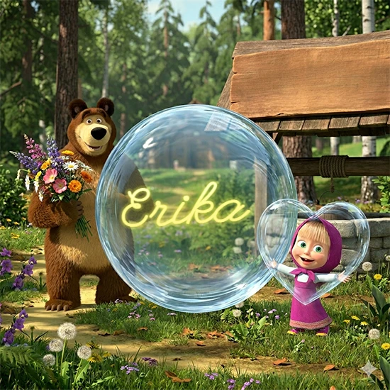 Bosque verde soleado. Gran oso de dibujos animados con corbata y flores coloridas, pozo de madera antiguo detrás. Bola de cristal transparente frente al pozo mostrando el nombre Erika en texto amarillo suave.