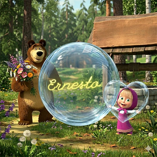 Bosque verde soleado. Gran oso de dibujos animados con corbata y flores coloridas, pozo de madera antiguo detrás. Bola de cristal transparente frente al pozo mostrando el nombre Ernesto en texto amarillo suave.