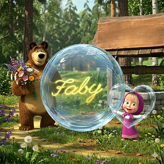 Bosque verde soleado. Gran oso de dibujos animados con corbata y flores coloridas, pozo de madera antiguo detrás. Bola de cristal transparente frente al pozo mostrando el nombre Faby en texto amarillo suave.