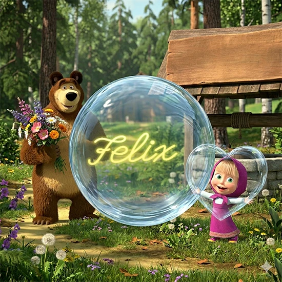 Bosque verde soleado. Gran oso de dibujos animados con corbata y flores coloridas, pozo de madera antiguo detrás. Bola de cristal transparente frente al pozo mostrando el nombre Felix en texto amarillo suave. Bosque verde soleado. Gran oso de dibujos animados con corbata y flores coloridas, pozo de madera antiguo detrás. Bola de cristal transparente frente al pozo mostrando el nombre Felix en texto amarillo suave.