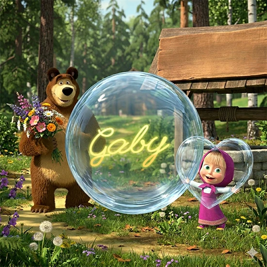 Bosque verde soleado. Gran oso de dibujos animados con corbata y flores coloridas, pozo de madera antiguo detrás. Bola de cristal transparente frente al pozo mostrando el nombre Gaby en texto amarillo suave. Bosque verde soleado. Gran oso de dibujos animados con corbata y flores coloridas, pozo de madera antiguo detrás. Bola de cristal transparente frente al pozo mostrando el nombre Gaby en texto amarillo suave.