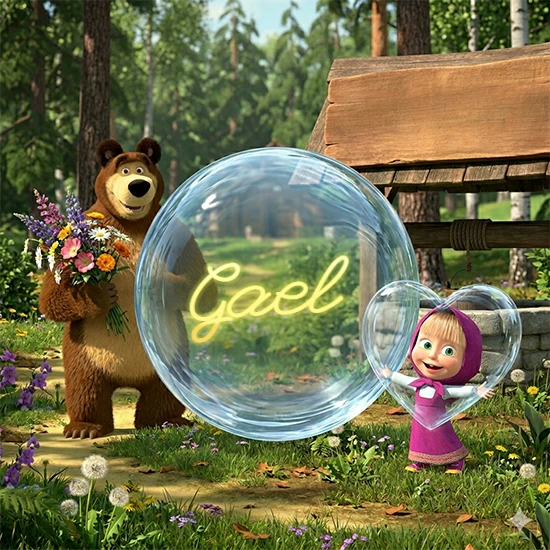 Bosque verde soleado. Gran oso de dibujos animados con corbata y flores coloridas, pozo de madera antiguo detrás. Bola de cristal transparente frente al pozo mostrando el nombre Gael en texto amarillo suave. Bosque verde soleado. Gran oso de dibujos animados con corbata y flores coloridas, pozo de madera antiguo detrás. Bola de cristal transparente frente al pozo mostrando el nombre Gael en texto amarillo suave.