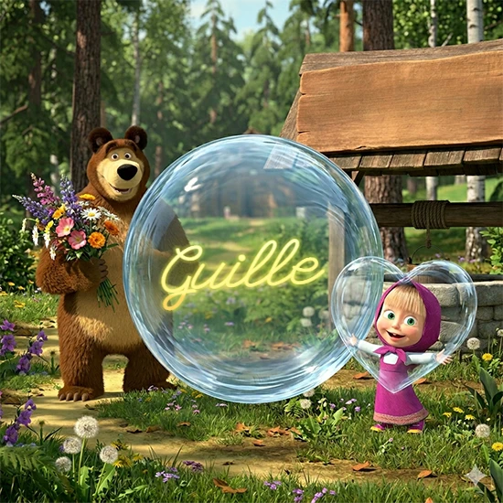 Bosque verde soleado. Gran oso de dibujos animados con corbata y flores coloridas, pozo de madera antiguo detrás. Bola de cristal transparente frente al pozo mostrando el nombre Guille en texto amarillo suave.