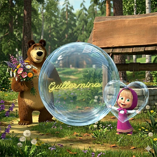 Bosque verde soleado. Gran oso de dibujos animados con corbata y flores coloridas, pozo de madera antiguo detrás. Bola de cristal transparente frente al pozo mostrando el nombre Guillermina en texto amarillo suave.