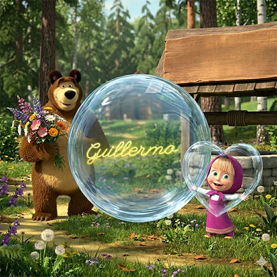 Bosque verde soleado. Gran oso de dibujos animados con corbata y flores coloridas, pozo de madera antiguo detrás. Bola de cristal transparente frente al pozo mostrando el nombre Guillermo en texto amarillo suave.