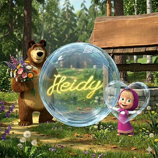 Bosque verde soleado. Gran oso de dibujos animados con corbata y flores coloridas, pozo de madera antiguo detrás. Bola de cristal transparente frente al pozo mostrando el nombre Heidy en texto amarillo suave.
