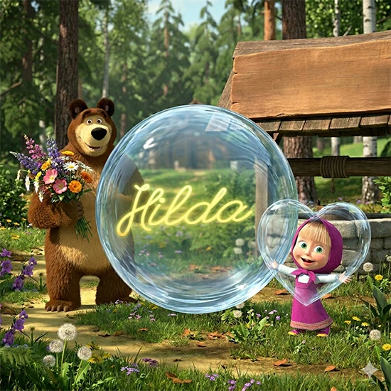 Bosque verde soleado. Gran oso de dibujos animados con corbata y flores coloridas, pozo de madera antiguo detrás. Bola de cristal transparente frente al pozo mostrando el nombre Hilda en texto amarillo suave. Bosque verde soleado. Gran oso de dibujos animados con corbata y flores coloridas, pozo de madera antiguo detrás. Bola de cristal transparente frente al pozo mostrando el nombre Hilda en texto amarillo suave.