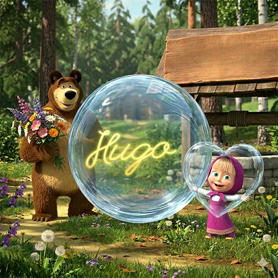 Bosque verde soleado. Gran oso de dibujos animados con corbata y flores coloridas, pozo de madera antiguo detrás. Bola de cristal transparente frente al pozo mostrando el nombre Hugo en texto amarillo suave.