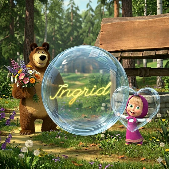 Bosque verde soleado. Gran oso de dibujos animados con corbata y flores coloridas, pozo de madera antiguo detrás. Bola de cristal transparente frente al pozo mostrando el nombre Ingrid en texto amarillo suave. Bosque verde soleado. Gran oso de dibujos animados con corbata y flores coloridas, pozo de madera antiguo detrás. Bola de cristal transparente frente al pozo mostrando el nombre Ingrid en texto amarillo suave.
