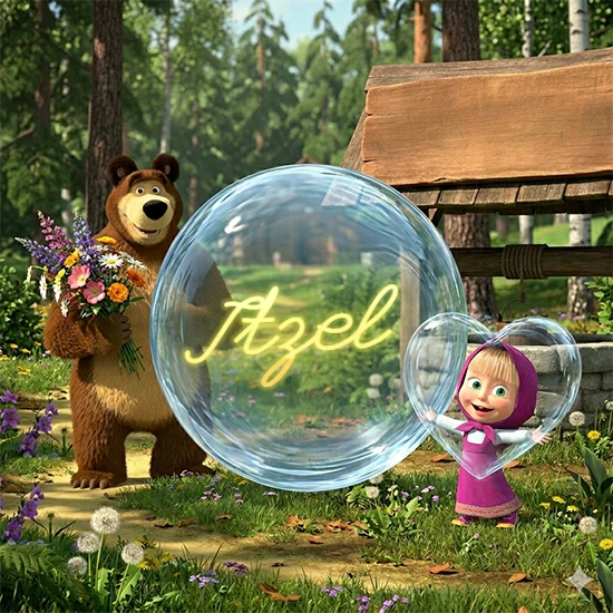 Bosque verde soleado. Gran oso de dibujos animados con corbata y flores coloridas, pozo de madera antiguo detrás. Bola de cristal transparente frente al pozo mostrando el nombre Itzel en texto amarillo suave.