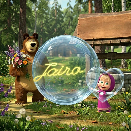 Bosque verde soleado. Gran oso de dibujos animados con corbata y flores coloridas, pozo de madera antiguo detrás. Bola de cristal transparente frente al pozo mostrando el nombre Jairo en texto amarillo suave.