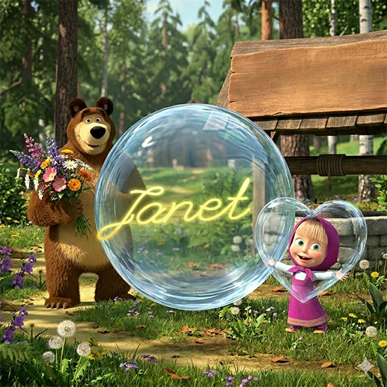 Bosque verde soleado. Gran oso de dibujos animados con corbata y flores coloridas, pozo de madera antiguo detrás. Bola de cristal transparente frente al pozo mostrando el nombre Janet en texto amarillo suave.