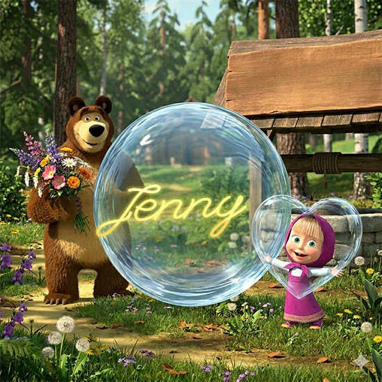 Bosque verde soleado. Gran oso de dibujos animados con corbata y flores coloridas, pozo de madera antiguo detrás. Bola de cristal transparente frente al pozo mostrando el nombre Jenny en texto amarillo suave.